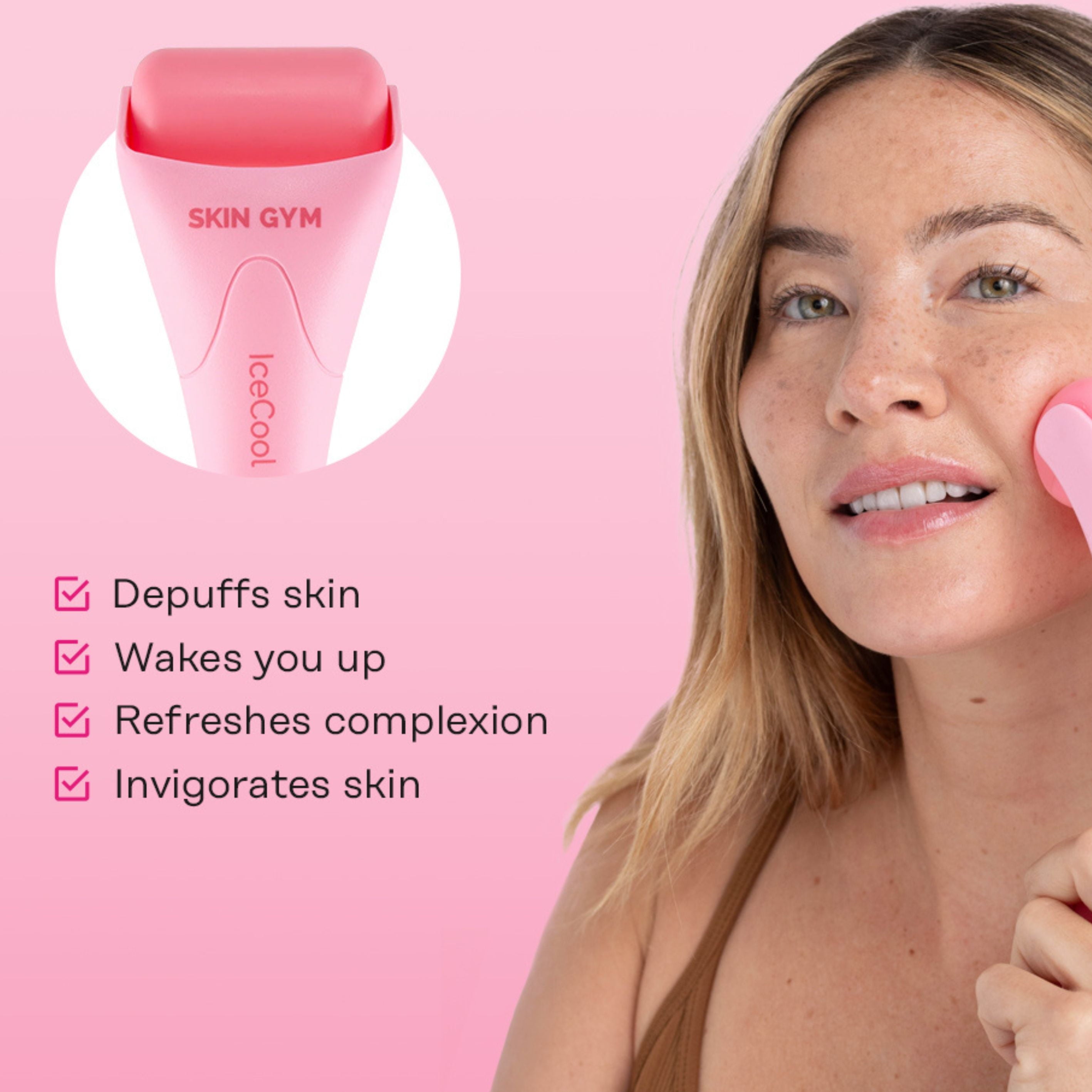 Pink Cool Cryogel Ice Roller for De-Puffing and Soothing Skin, Reduces Redness and Calms Irritation with Cryo-Therapy and Facial Massage