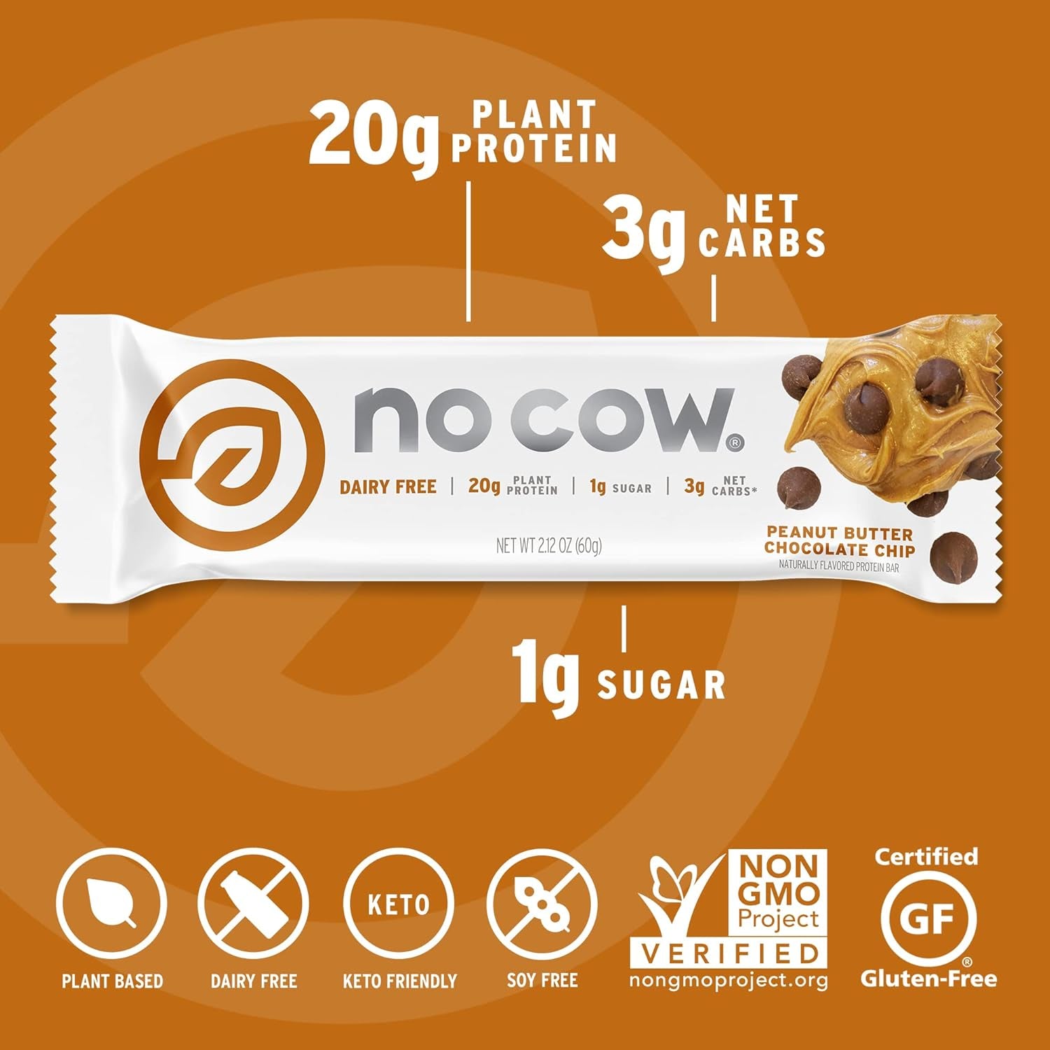 Vegan Protein Bars, Upgraded Peanut Butter Chocolate Chip | 20G Plant Based Protein, Gluten Free, Dairy Free, Soy Free, Keto Friendly, Low Sugar, High Fiber Snack Bars | Pack of 12